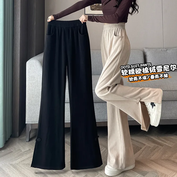 雪尼尔国风开叉微喇裤女秋冬2025新款今年流行休闲新中式喇叭裤子