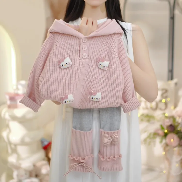 秋冬女童粉色立体KT连帽毛衣2025新款女宝灰拼粉针织裤两件套套装