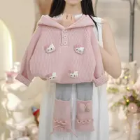秋冬女童粉色立体KT连帽毛衣2025新款女宝灰拼粉针织裤两件套套装