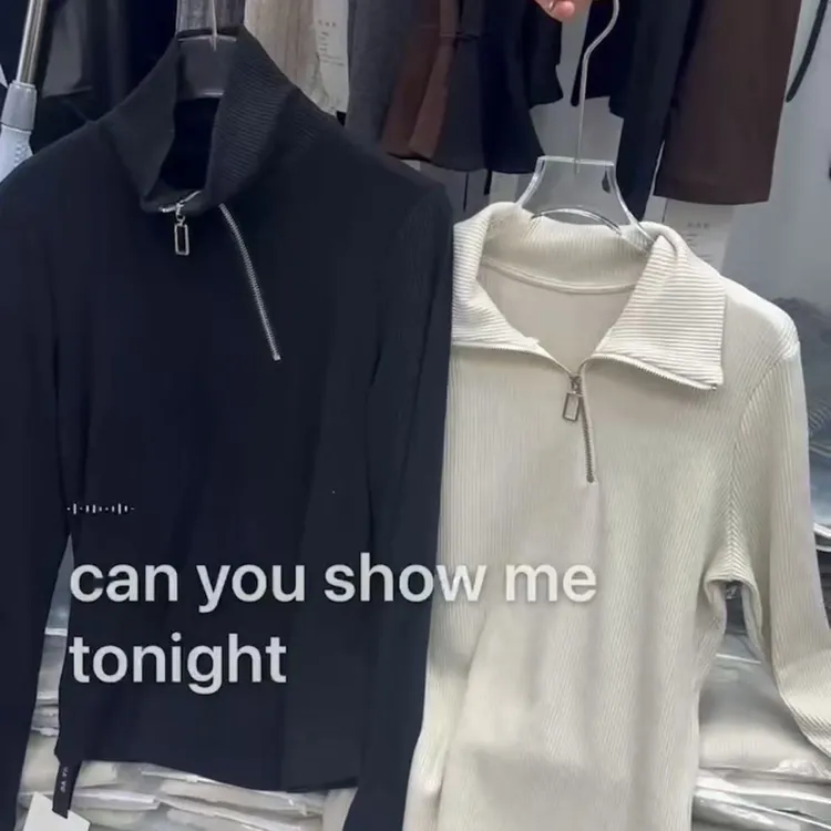 拼接拉链针织厚款长袖打底衫