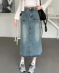 长大码女2025秋季韩版梨形身材显瘦a字裙复古百搭牛仔半身裙65311