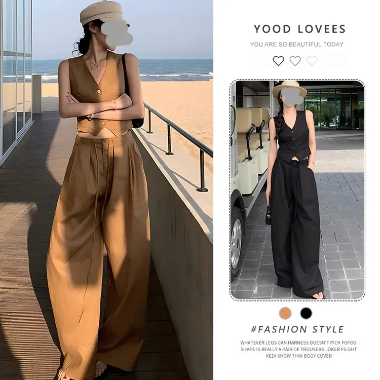 老钱休闲马甲长裤套装女2025夏季新款洋气修身显瘦背心阔腿休闲裤