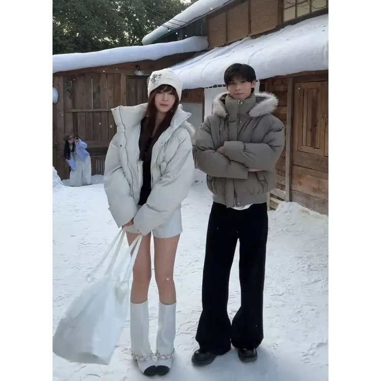 短款毛领立领厚款保暖棉衣宽松冬季时尚皮棉服情侣百搭可脱卸帽