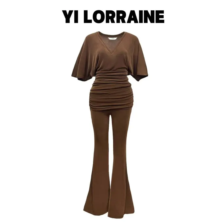 YILORRAINE旖洛琳原创进口弹力醋酸束腰V领蝙蝠袖上衣+喇叭裤套装