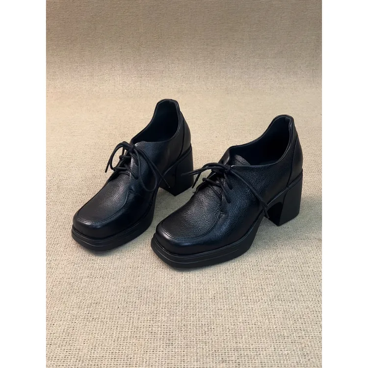 nnmiss·34-40/7.5cm简约方头深口系带小皮鞋百搭复古粗高跟单鞋