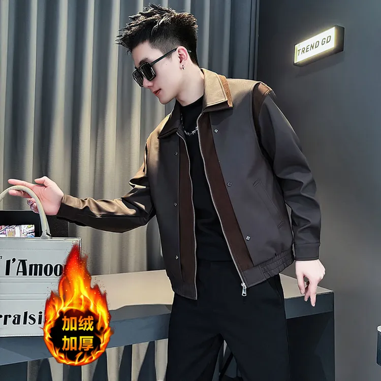 假两件潮牌秋冬季皮衣男2025新款痞帅男装机车服夹克拼接短款外套