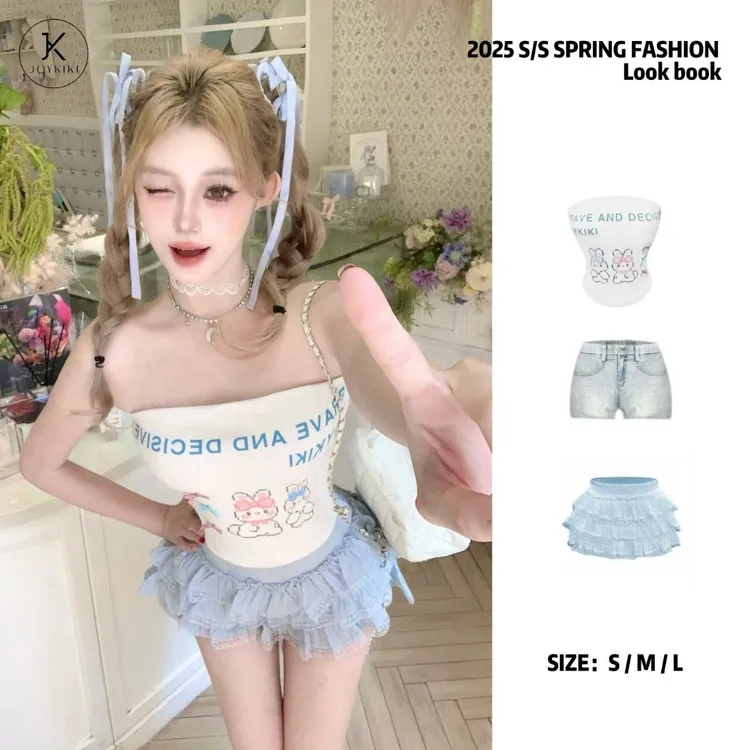 JOY KIKI鹅了么【呆萌小兔】夏季纯欲辣妹字母印花抹胸套装J25B600
