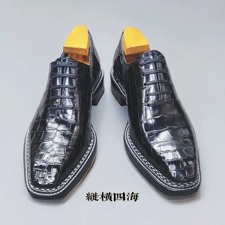 【纵横四海】纯手工挪威缝一片式鳄鱼皮男士商务系带手工鞋