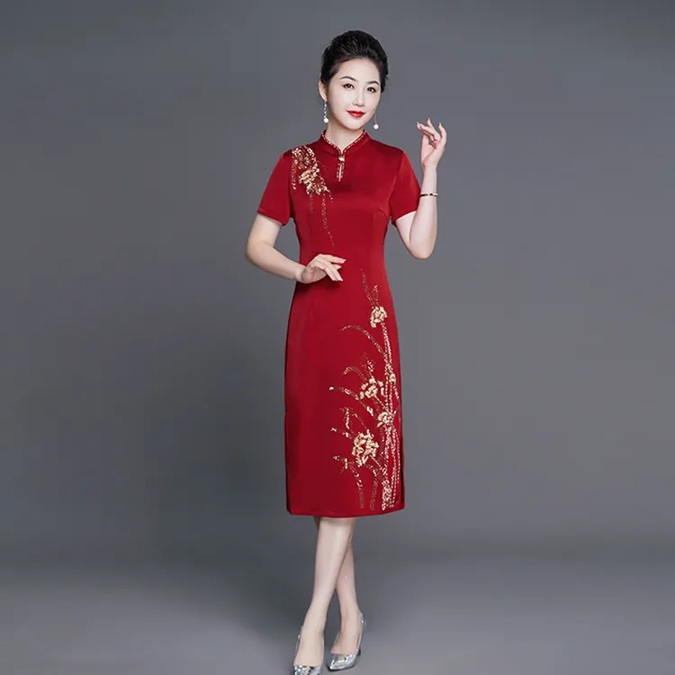 2025夏天薄款结婚妈妈装高档短袖婚宴礼服喜婆婆婚礼红色旗袍喜服