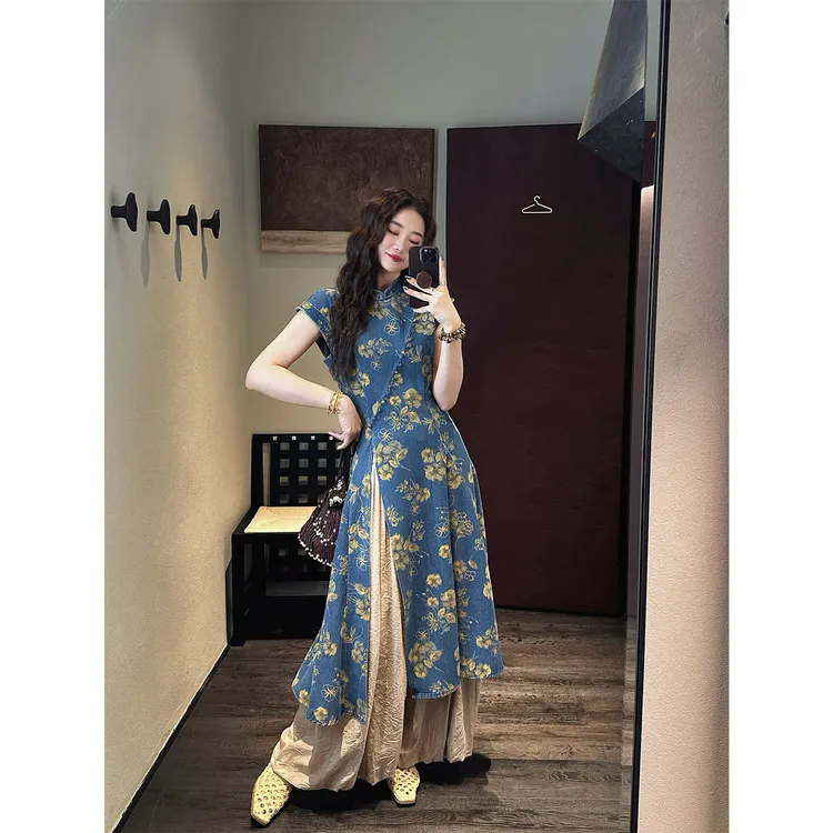 三吉黑花【雏菊】国风新中式牛仔连衣裙复古印花2025新款今年流行
