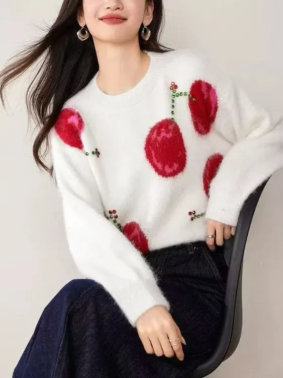 韩系黑色樱桃宽松毛衣2025年秋冬圆领打底内搭设计感慵懒风针织衫