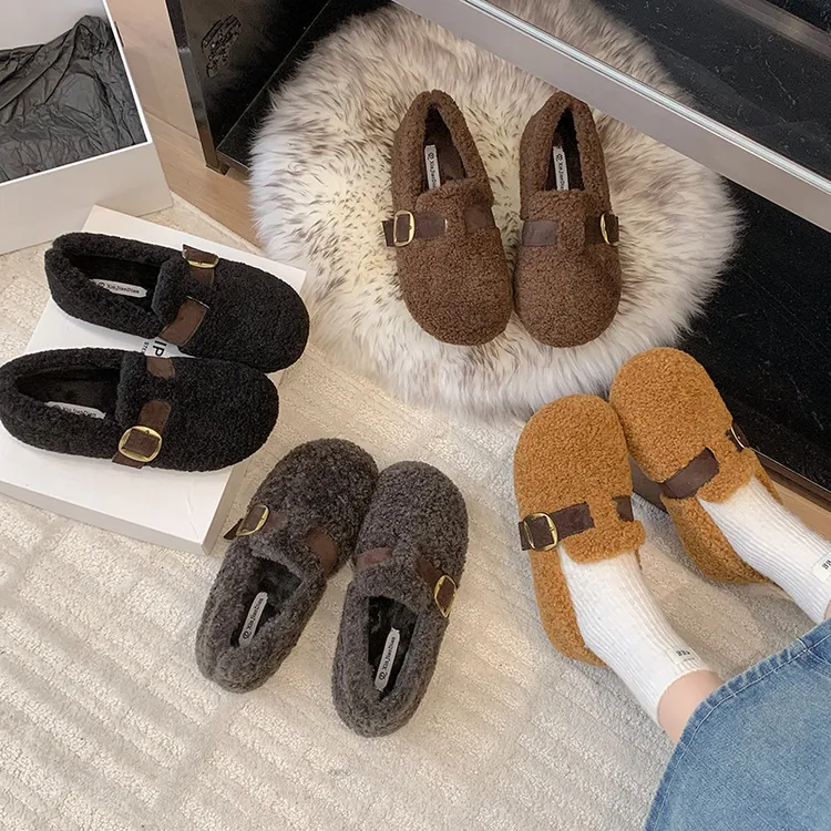 平底毛毛鞋女外穿2025新款网红秋冬搭扣懒人一脚蹬保暖加绒豆豆鞋