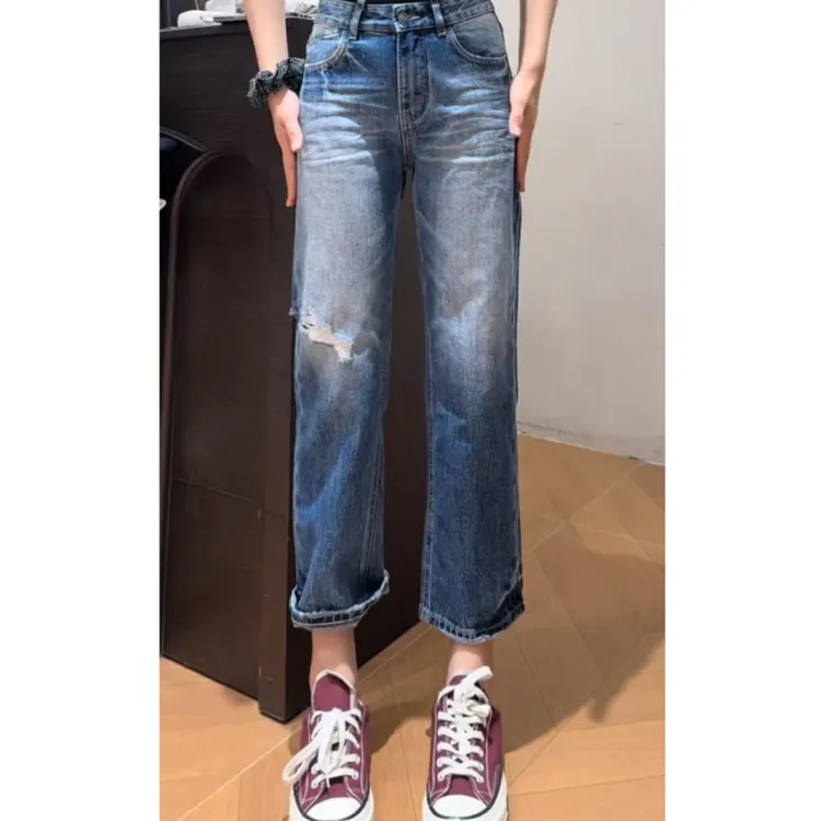 大码高腰九分破洞法棍牛仔裤女2025夏季新款小个子弹力显瘦直筒裤