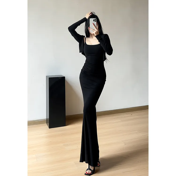 【两件套】带胸垫可调肩带吊带连衣裙包臀鱼尾长裙搭配短款长袖披肩