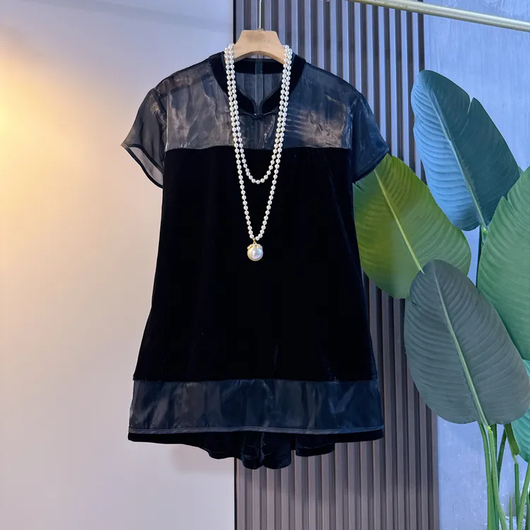 民族风夏季新款大码女装时尚复古国风盘扣拼接丝绒衫短裤套装显瘦