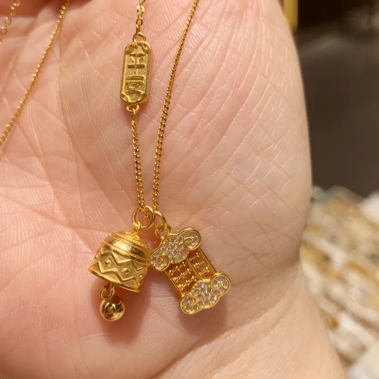 坠链均925银锆石 时尚女国风原创设计银铃铛算盘套链