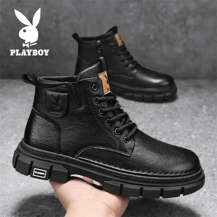 花花公子户外工装靴男款冬季防水时尚马丁靴男士保暖加厚高帮男靴