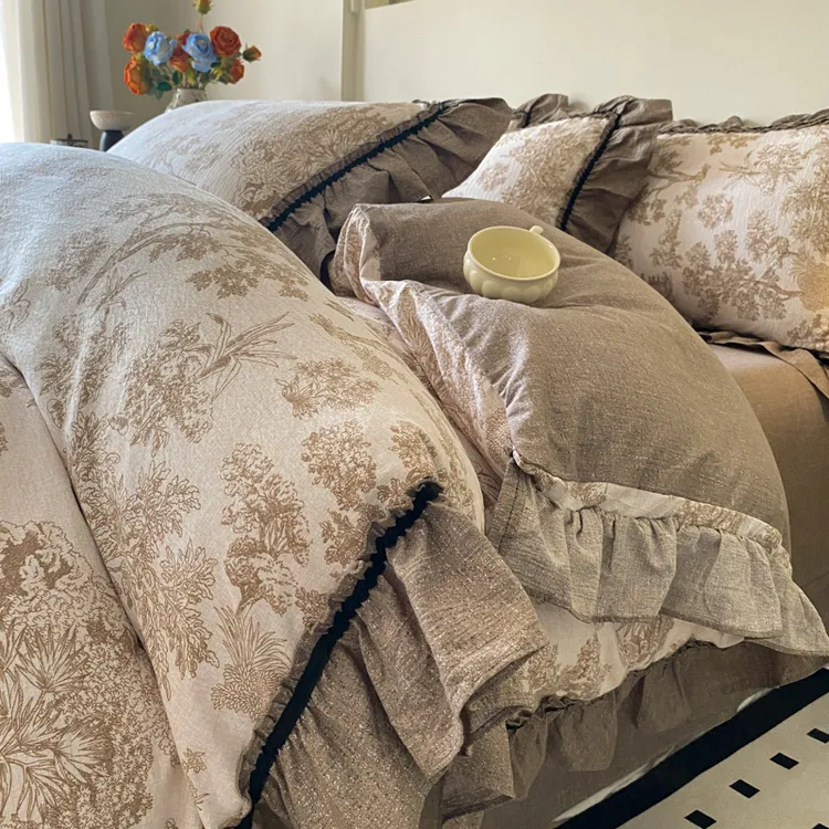 2025新款复古水洗亚麻高端四件套床单床笠款床上用品花边被套床罩