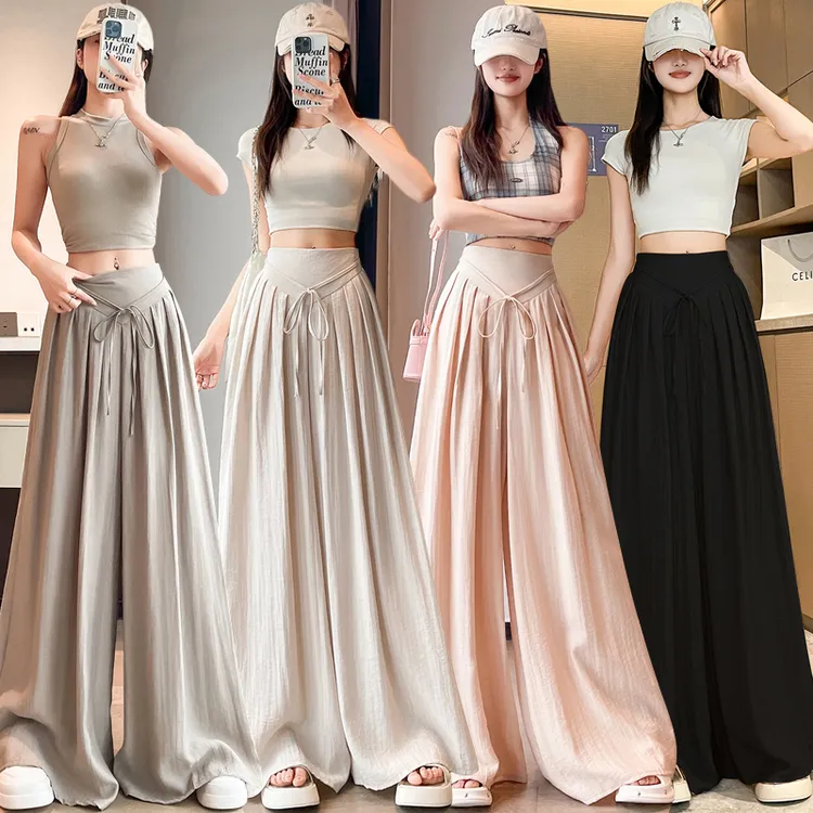 三本裤裙女夏季设计感高腰系帯垂感阔腿直筒拖地裙裤阔腿裤宽松
