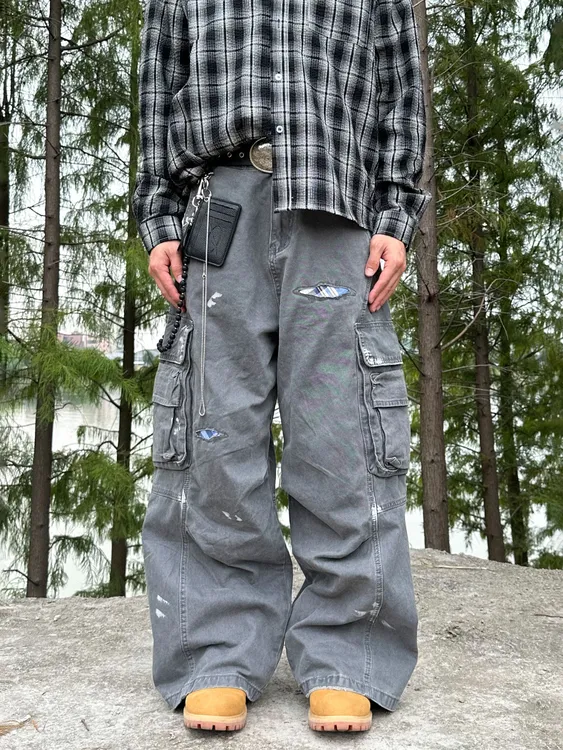 RKAI复古水洗做旧破坏补丁泼墨工装裤宽松阔腿法工长裤baggy男女