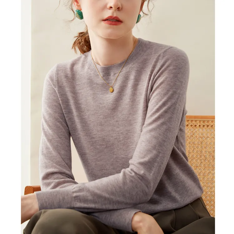 美丽诺精纺超细100纯羊毛衫女士薄款圆领套头毛衣内搭针织打底衫