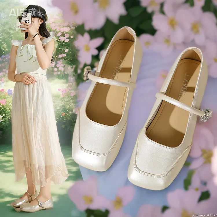 法式玛丽珍鞋女方头一字带气质温柔浅口平底软底不累脚银色小单鞋