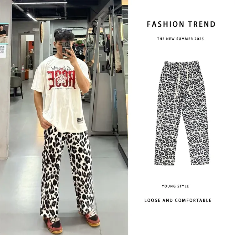 新款豹纹春秋新款美式街头潮牌男秋冬宽松休闲运动宽松百搭长裤