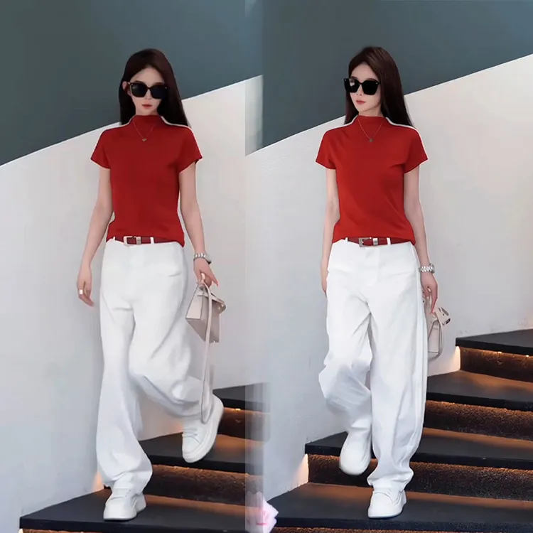 夏季流行穿搭一整套爆款高级感干练气质修身半高领短袖阔腿裤套装