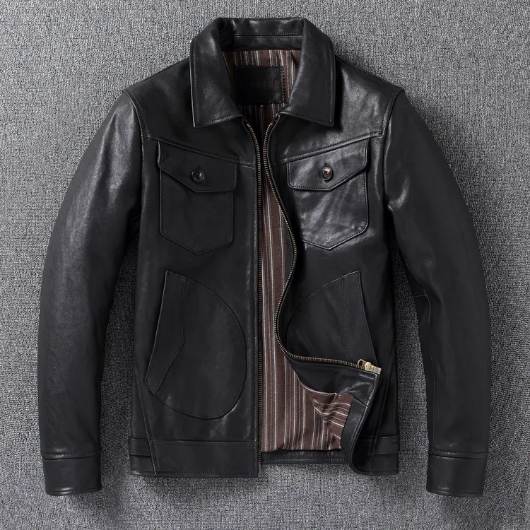 门多萨纯羊皮进口植鞣羊皮黑色休闲皮夹克