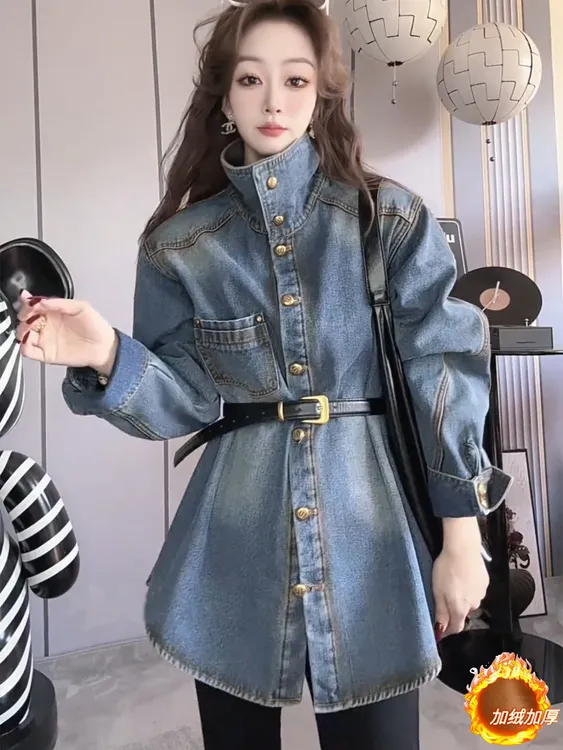巨好看的加绒牛仔衬衫女冬季2025新款复古高级感金扣加厚衬衣外套