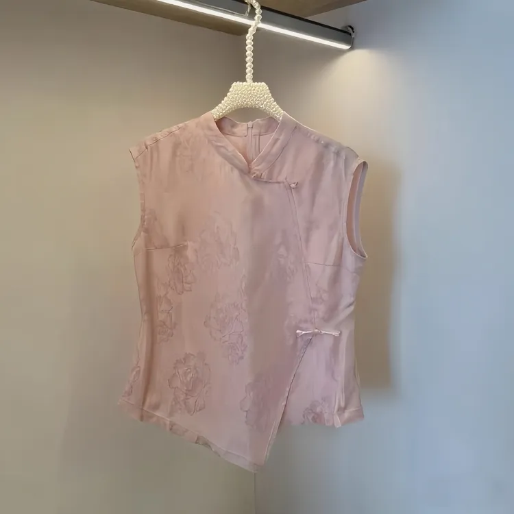 2025夏季新中式国风提花不规则无袖立领显瘦设计感时尚上衣通勤女