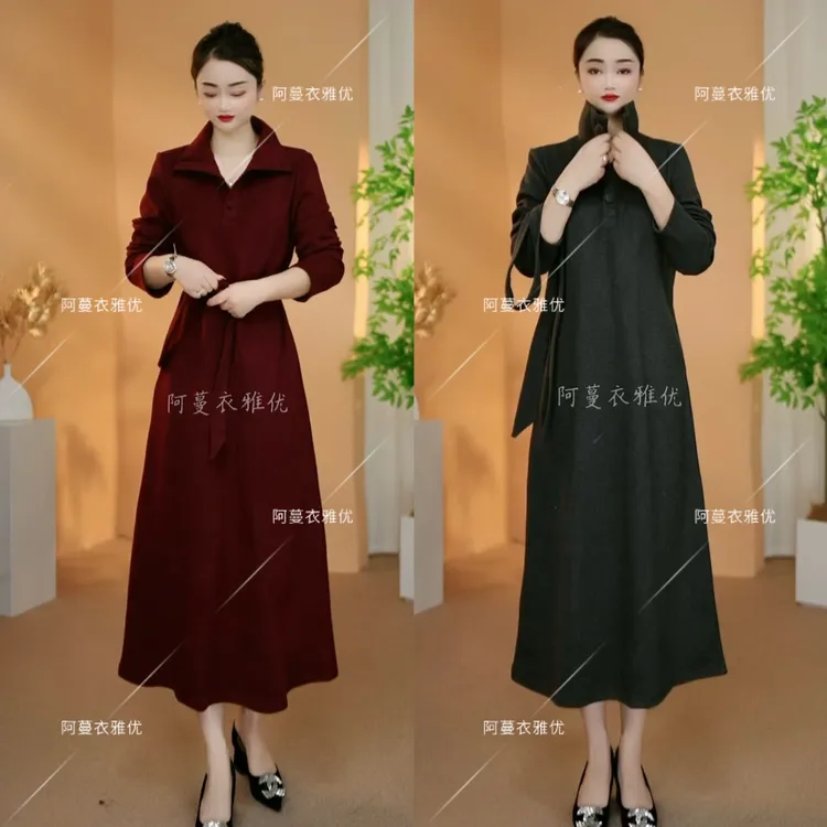 【衣雅严选】8189-2457#加厚软毛呢气质显瘦宽松翻领连衣裙