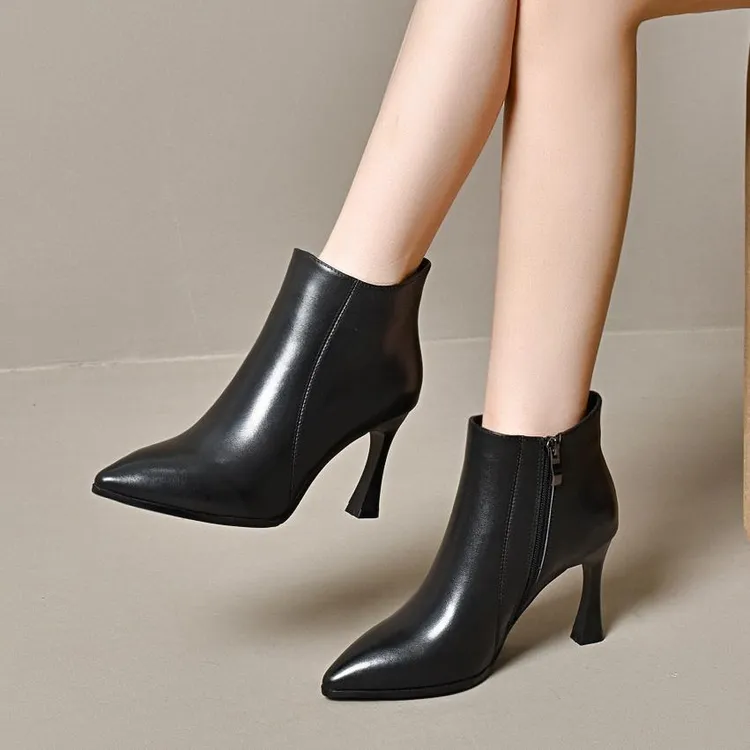 细跟高跟鞋女软皮短靴秋冬2025尖头时尚加绒皮鞋软底气质百搭单靴