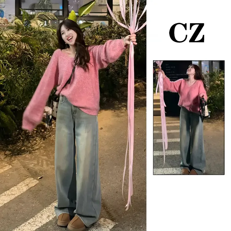秋冬季2025新款女装流行韩系穿搭慵懒风宽松软糯毛衣牛仔裤两件套