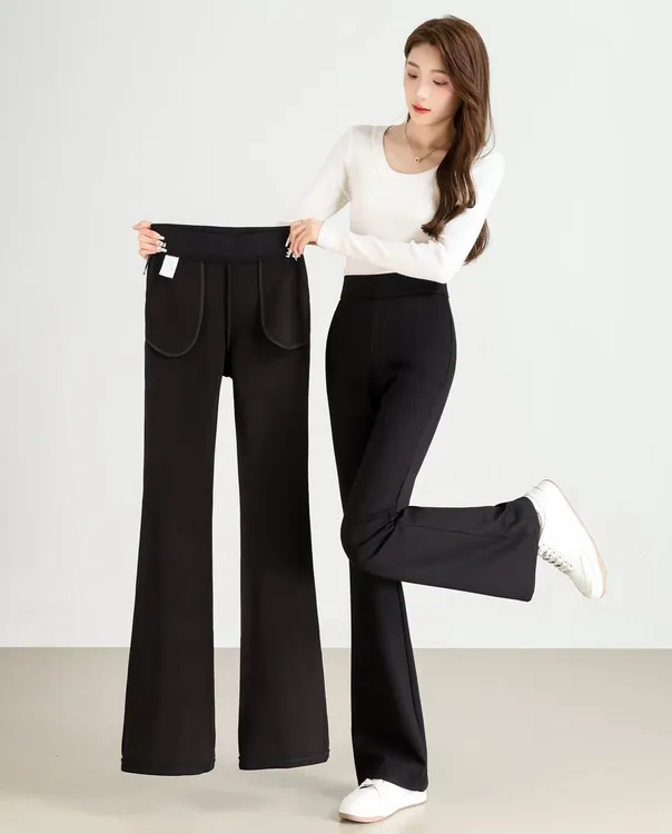 米欧悦冬季加绒高腰显瘦休闲蜜桃臀微喇叭马蹄裤W1031