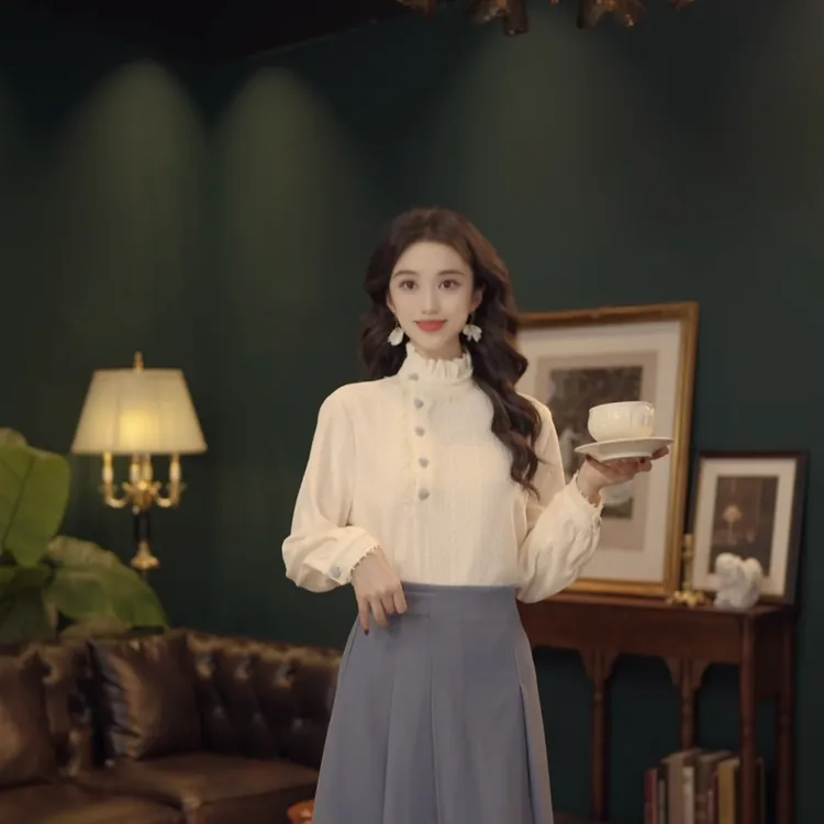 琦琦【冷色珍珠】复古港风秋冬厚款休闲百搭衬衫上衣YF1103446