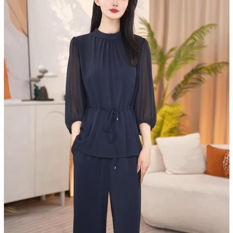 气质百搭长袖收腰上衣休闲阔腿裤2025早秋新款显瘦时尚两件套装女