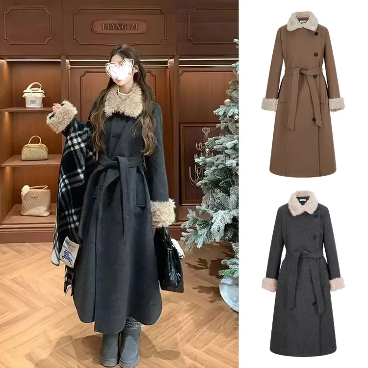 Moses Queen/魔西女王韩系巨好看毛领大衣女冬季系带收腰长款大衣