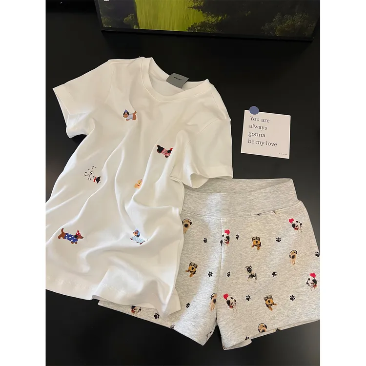 韩系卡通小狗印花睡衣套装女士夏季新款休闲短袖短裤家居服两件套