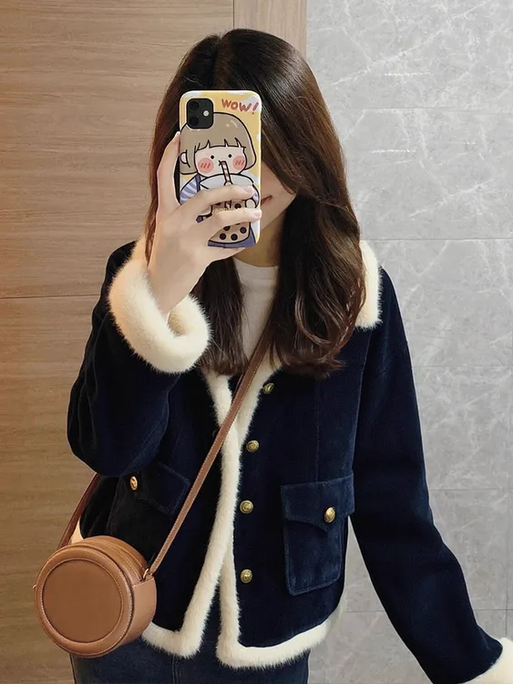 慵懒风韩版保暖外套女2025秋冬新款藏蓝色巨好看小香风气质上衣女