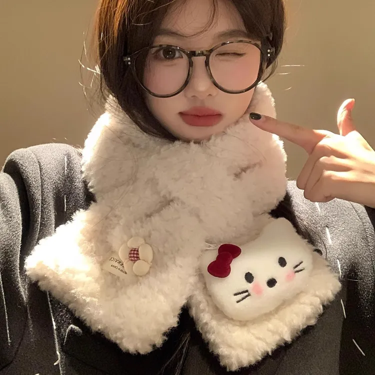 新款可爱Kitty猫立体羊羔毛交叉围巾女冬季加厚保暖防寒护颈围脖
