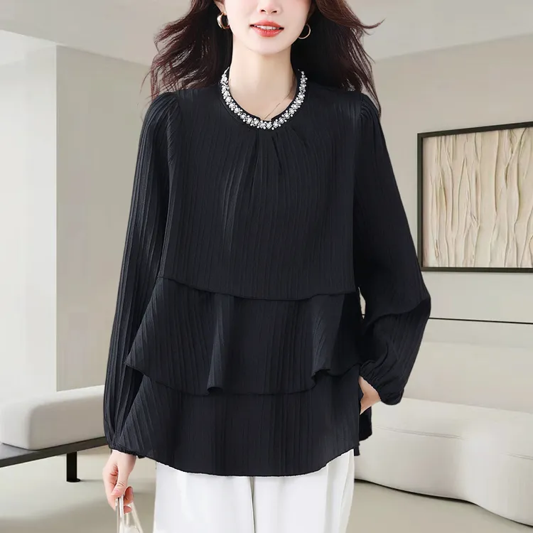黑色长袖雪纺衫女秋季2025新款宽松时尚高级感大码遮肚子休闲上衣