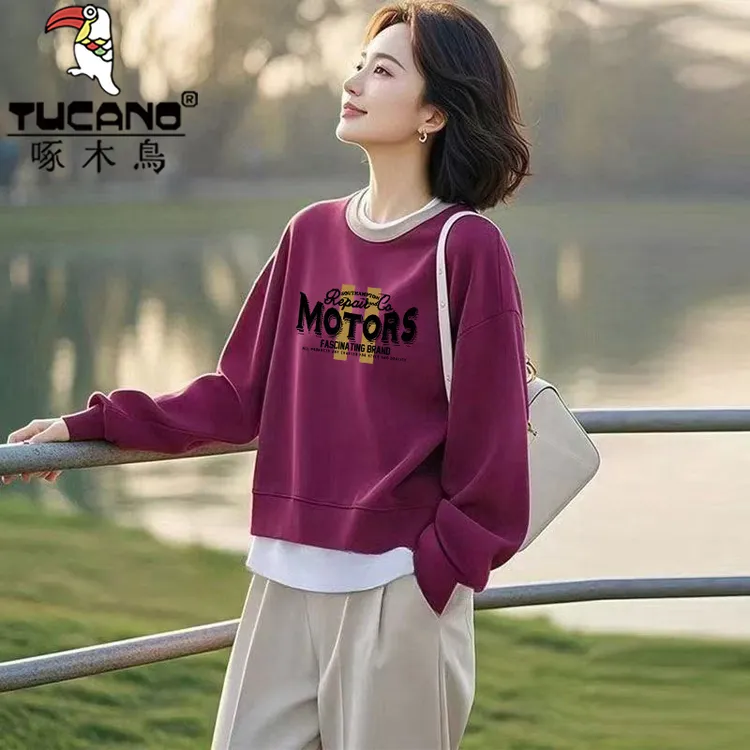 啄木鸟纯棉假两件时尚外套爆款套头宽松卫衣女款秋冬洋气百搭上衣