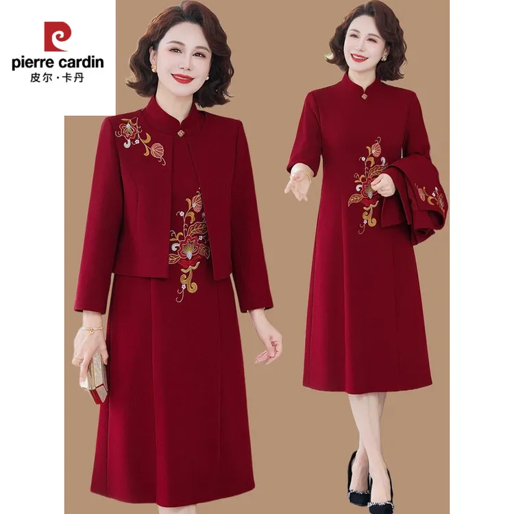 皮尔卡丹妈妈婚礼服高贵旗袍中老年女春秋喜婆婆婚宴装新中式连衣