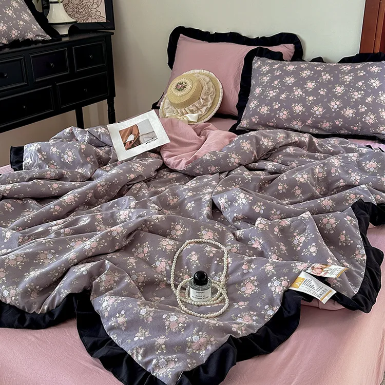 韩版赫本风小碎花印花花边款针织棉透气软糯糯双层纱夏被四件套