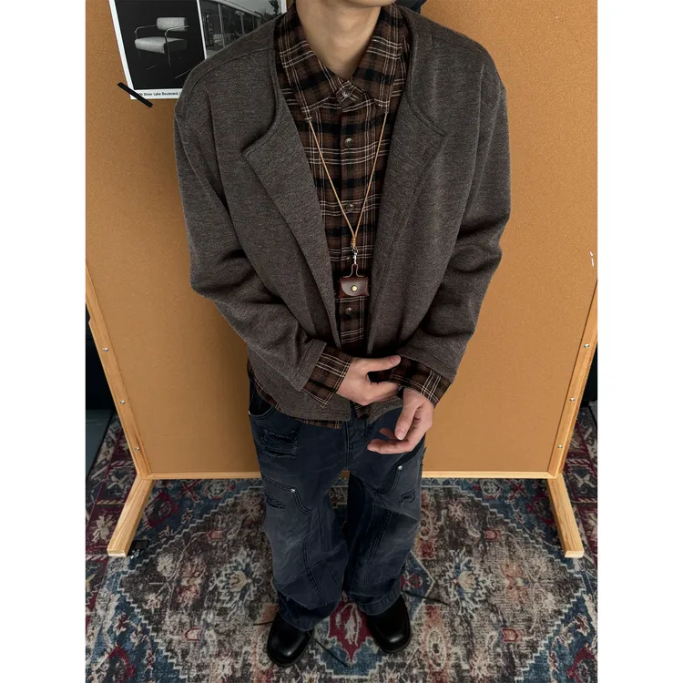 CZ2秋冬假两件外套拼接衬衫男女老钱风人夫感领格纹宽松休闲上衣