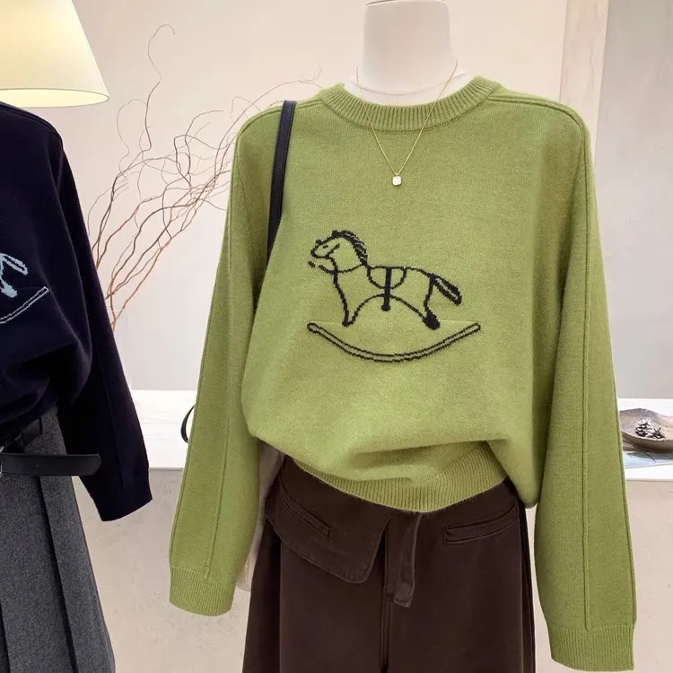 宽松显瘦【80-200斤】提花小马圆领针织毛衣女秋冬慵懒风打底衫上衣