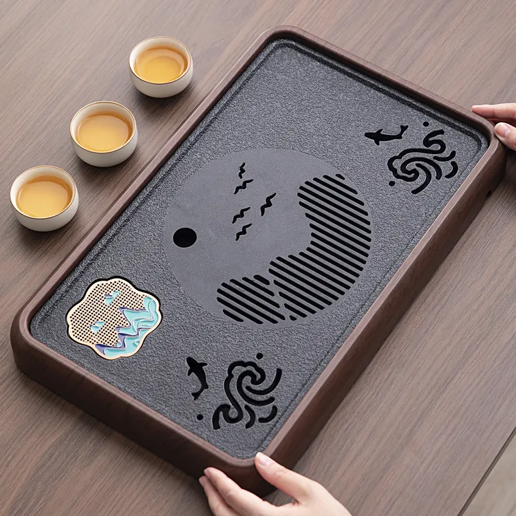 鱼跃龙门仿乌金石储排两用木纹色密胺茶盘家用待客简约干泡托盘