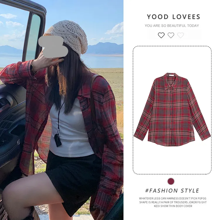 红色格子长袖衬衫上衣女2025新款春秋薄款慵懒风休闲宽松防晒衬衣