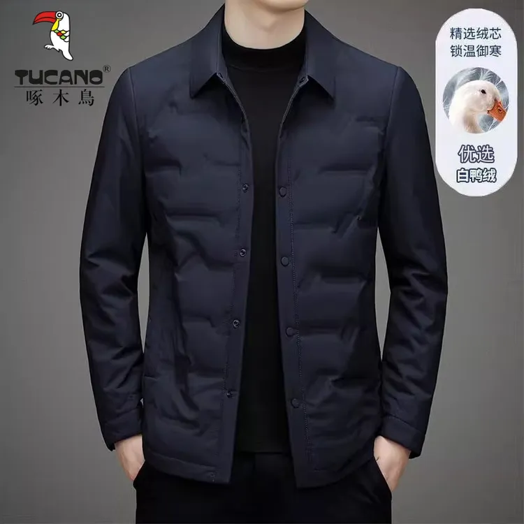 啄木鸟轻薄羽绒服男冬季商务休闲修身短款衬衫领夹克韩版保暖外套